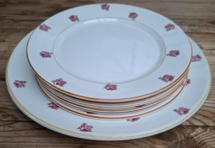 Oude Franse brocante roze roosjes borden, Digoin, Ophalen of Verzenden