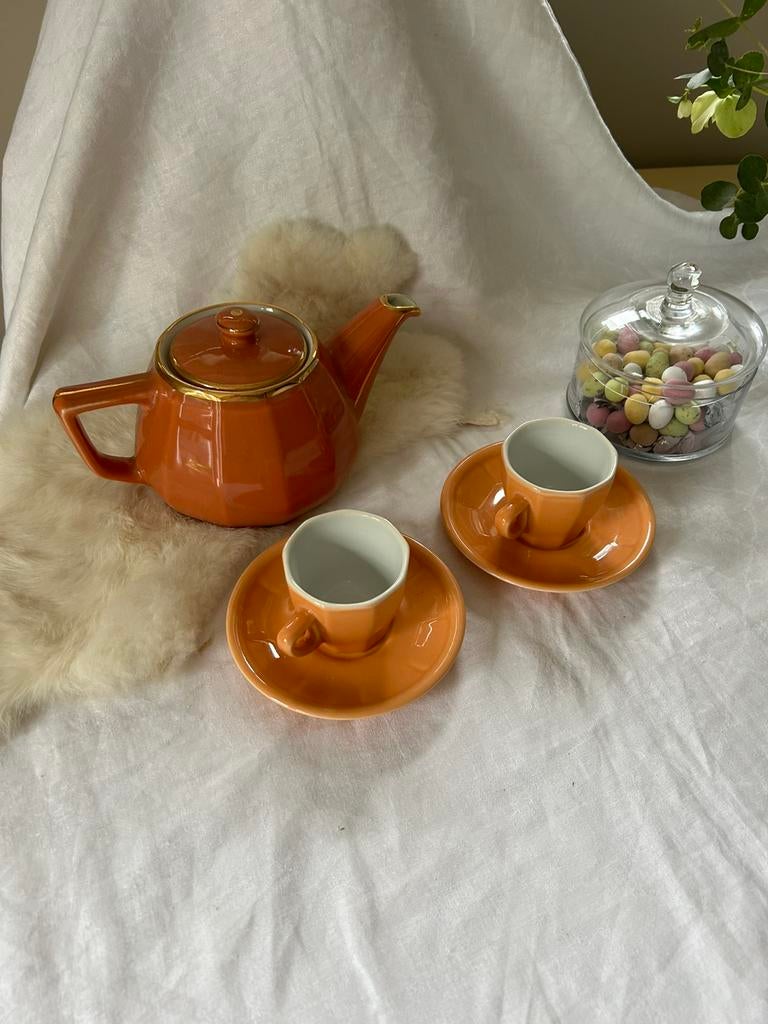 Apilco Yves Deshoulieres orange theepot 2x kop schtls izgst, Ophalen