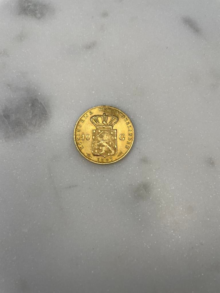 Gouden Tientje 1897 (Wilhelmina als meisje), Antiek en Kunst, Ophalen of Verzenden, Goud