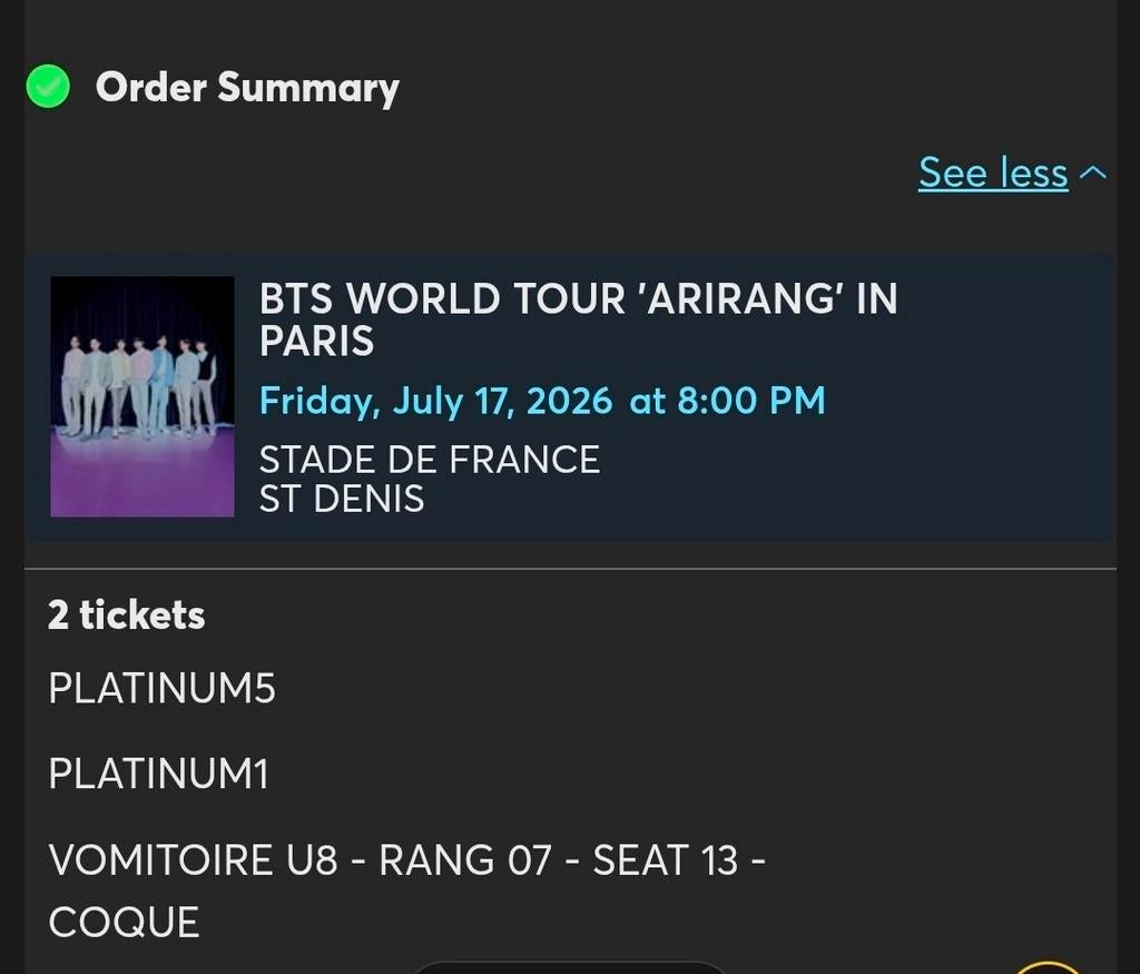 BTS Paris 17 juli platium stoelen naast elkaar te koop!, Tickets en Kaartjes, Twee personen