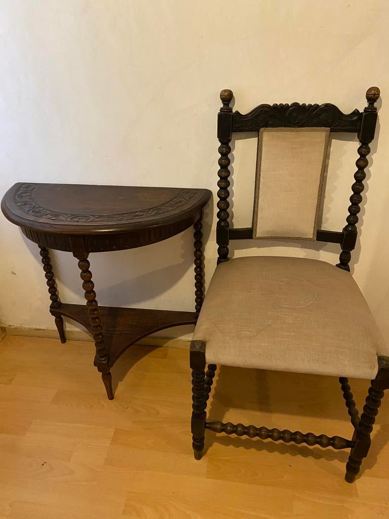 Antiek Eiken Half rond tafeltje (console) met eiken stoel, Ophalen