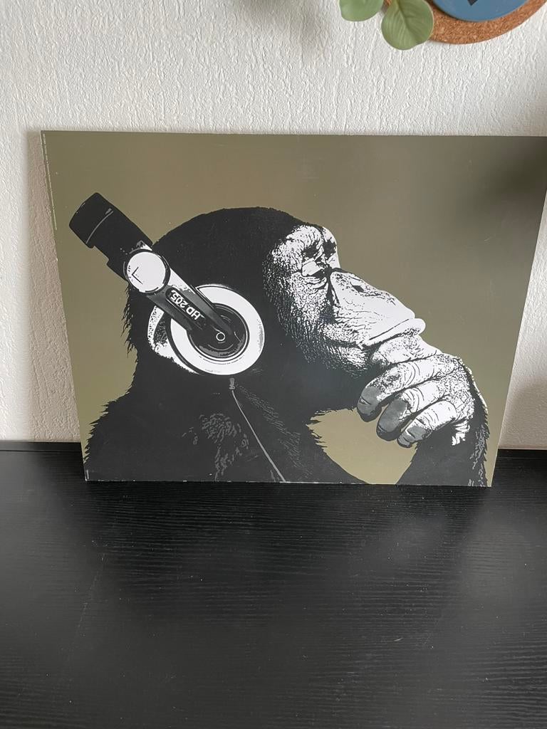 Afbeelding aap met koptelefoon, Ophalen of Verzenden, Zo goed als nieuw, Foto of Poster, Minder dan 50 cm