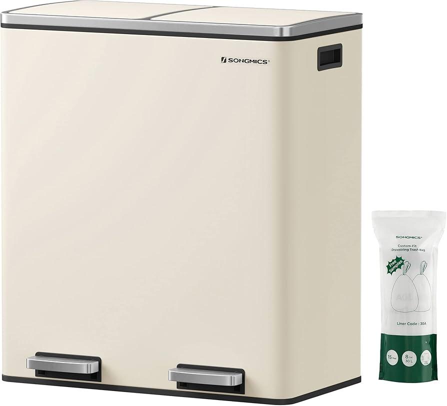 SONGMICS Afvalemmer 2x30L, Pedaalemmer, Crème, LTB060A01, Met pedaal, 50 tot 75 cm, Nieuw, 40 liter of meer