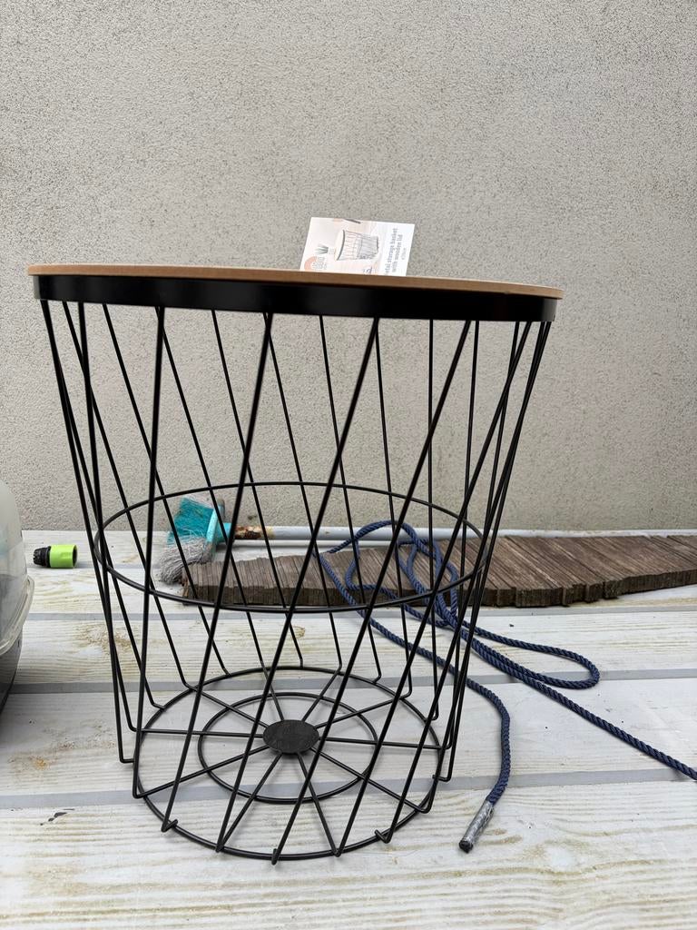 Bijzettafel met opbergmand en houten deksel, Minder dan 55 cm, Rond, Nieuw, Hout