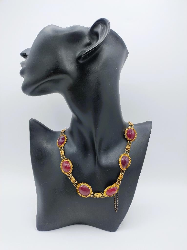 Gouden bootjesketting met granaat, 2 losse schakels, 42,5 cm, Sieraden, Tassen en Uiterlijk, Verzenden, Goud, Ketting, Met edelsteen