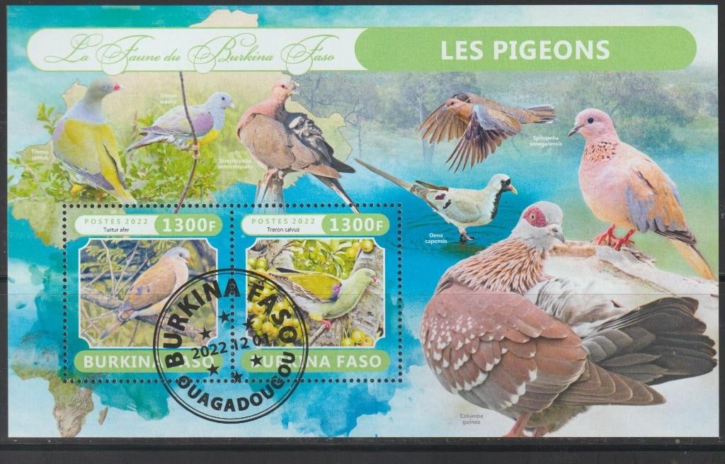 VOGELS = DUIVEN = Mooi bl. v BURKINA FASO-GB-19, Verzenden, Gestempeld, Dier of Natuur