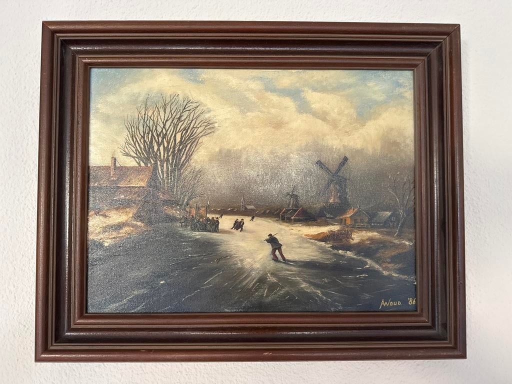 Schilderij op doek: Winterlandschap met schaatsers (1986), Antiek en Kunst, Kunst | Schilderijen | Klassiek, Ophalen of Verzenden