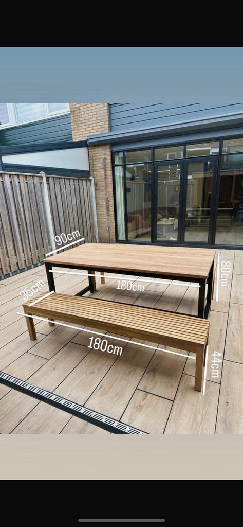Massief houten eettafel+2 banken van 1500,-- inc bezorging, Tuin en Terras, Tuinsets en Loungesets, Zo goed als nieuw, Hout, Eettafel