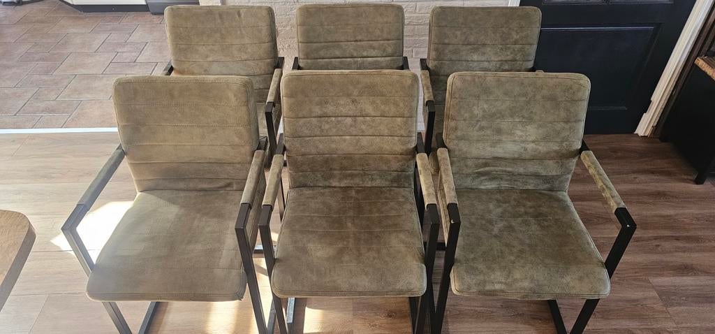 Luxe set 6 industriële eetkamerstoelen met armleuningen –, Huis en Inrichting, Ophalen, Overige kleuren, Zo goed als nieuw, Stof