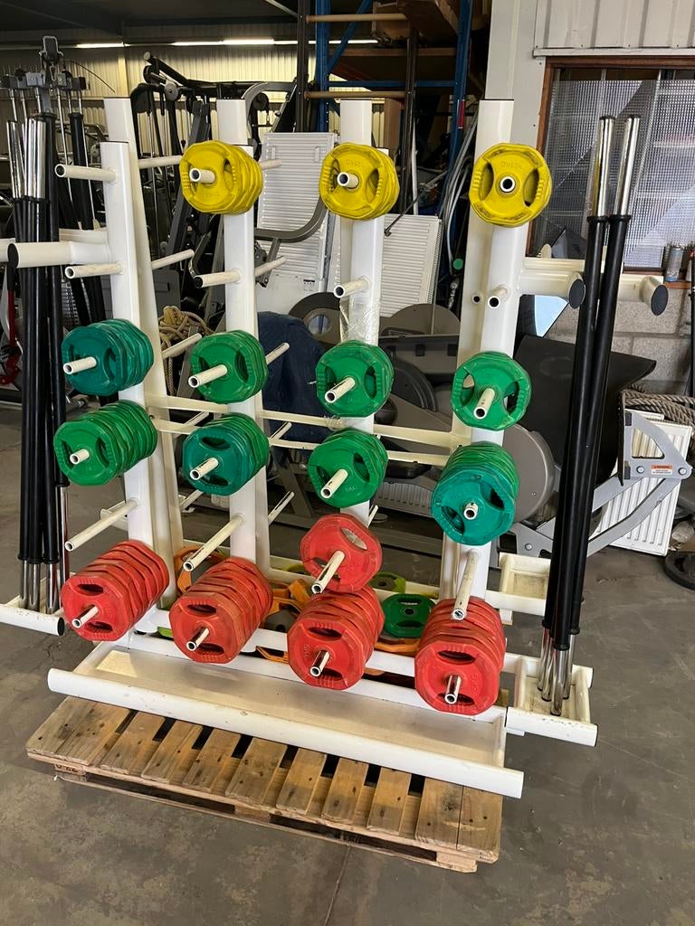 15 x bodypump set stang met  gewichten en rek, Ophalen, Gebruikt, En rek, Halterset