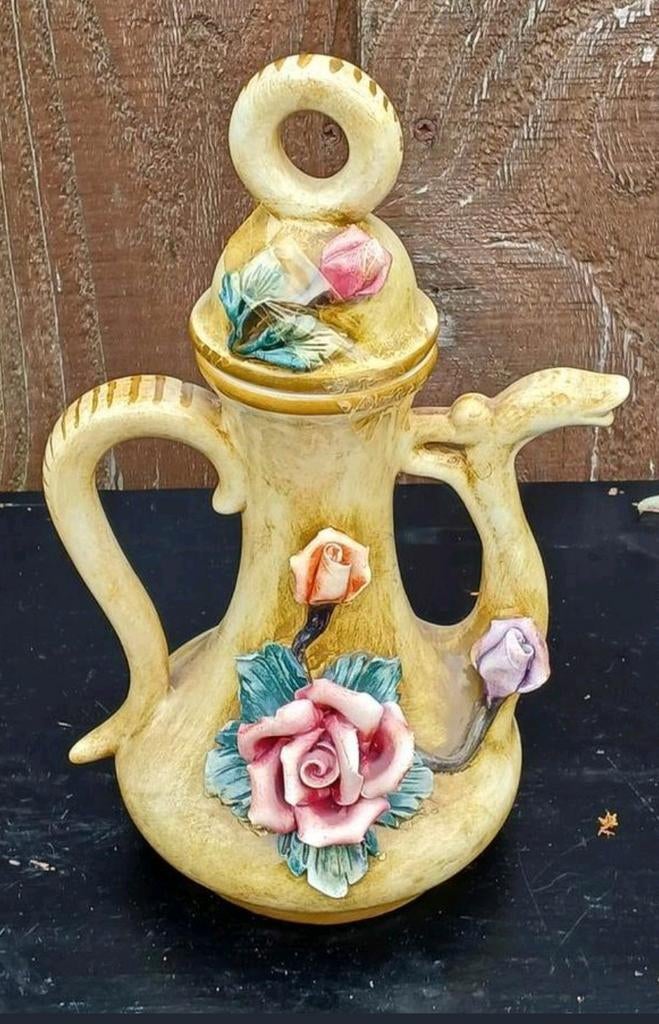 Vintage Keramische Theepot met Roos Decoratie, Antiek en Kunst, Ophalen of Verzenden