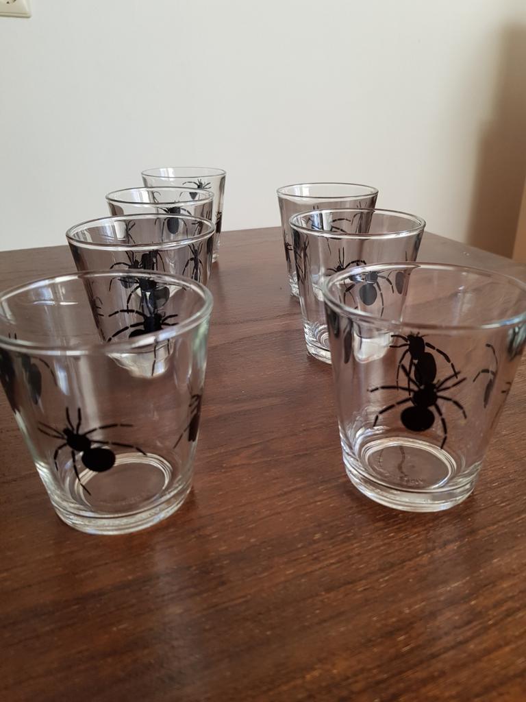 6 glazen met bedrukking van een spin, Ophalen of Verzenden, Zo goed als nieuw, Frisdrankglas