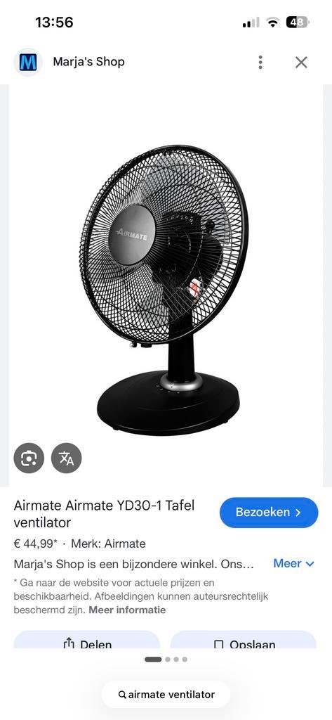 Airmate Ventilator YD30-1 - Zo goed als nieuw, Ophalen of Verzenden, Zo goed als nieuw, Tafelventilator