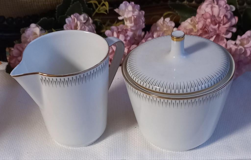 Leuk vintage roomstelletje, grijze streepjes, Müller Bavaria, Ophalen of Verzenden, Zo goed als nieuw, Overige stijlen, Kop(pen) en/of Schotel(s)