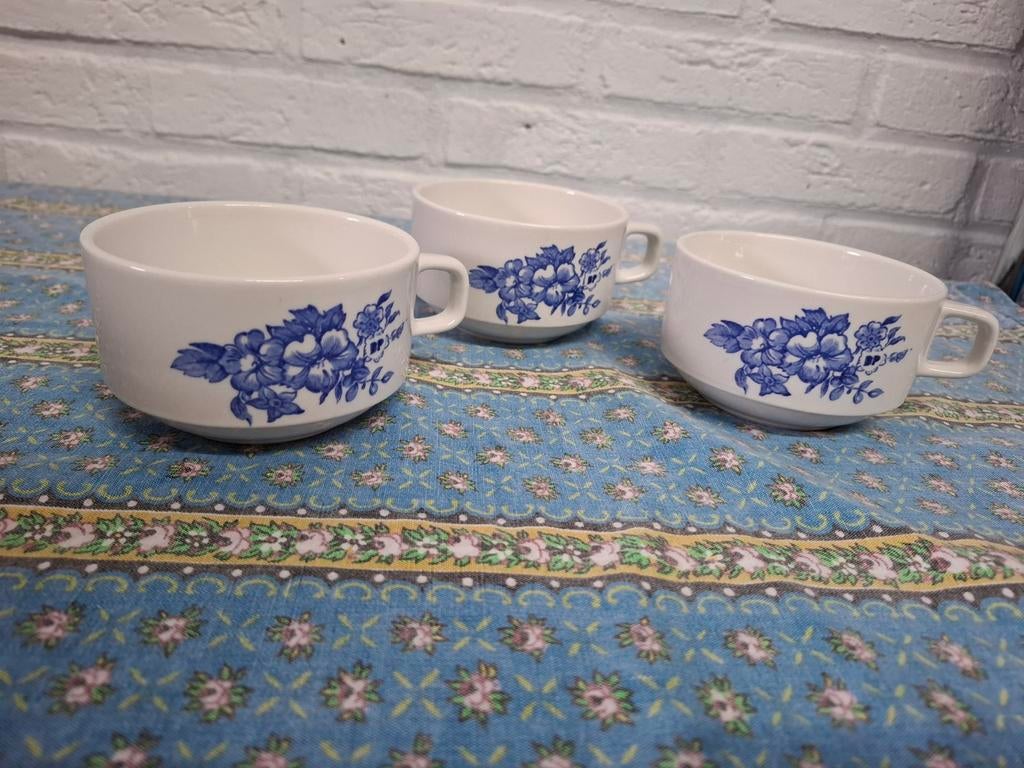 Set van 3 Soepkommen met Blauw Bloemmotief, Ophalen, Gebruikt, Kom(men), Overige stijlen