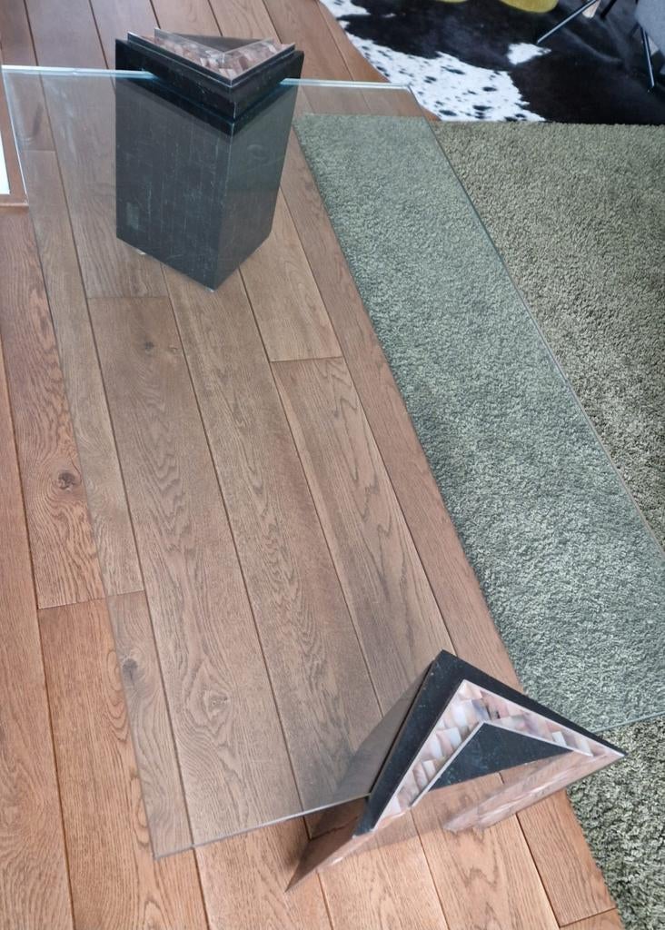 Glazen salontafel met parelmoer poten, Huis en Inrichting, Ophalen, Gebruikt, 100 tot 150 cm, 50 tot 100 cm