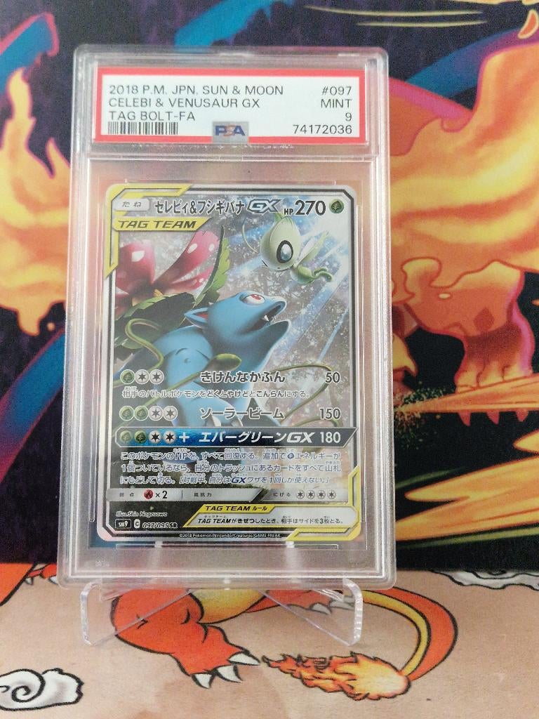 PSA 9 Celebi & Venusaur GX - Tag Bolt 97/95 - Japanese SM9, Ophalen of Verzenden, Nieuw, Losse kaart, Foil