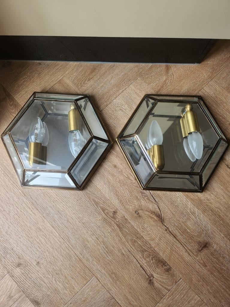 Facet geslepen wandlampen messing vintage mid century, Ophalen of Verzenden, Zo goed als nieuw, Glas, Vintage mid century