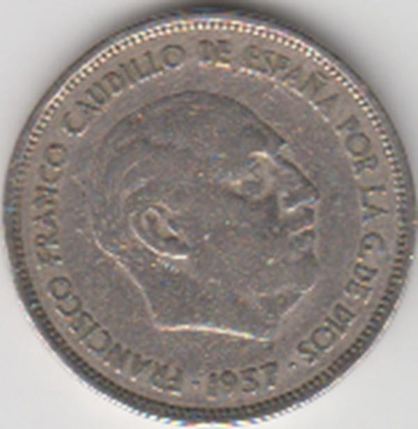 Spanje 25 Pesetas 1957 (58) Caudillo and regent , KM #787, Postzegels en Munten, Munten | Europa | Niet-Euromunten, Ophalen of Verzenden