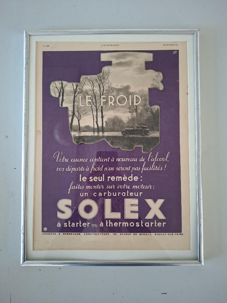 Vintage ingelijste reclame Solex carburateur jaren 30, Ophalen of Verzenden, Gebruikt, Reclamebord