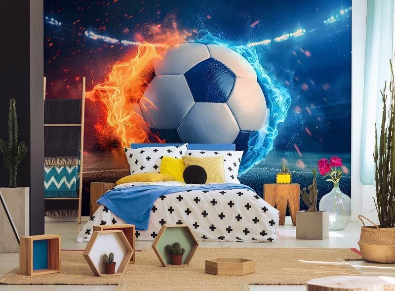 Fotobehang / Behang - Kinderkamer - Voetbal in Vurig Duel, Voetbal, Blauw, Ophalen of Verzenden, Minder dan 10 m²