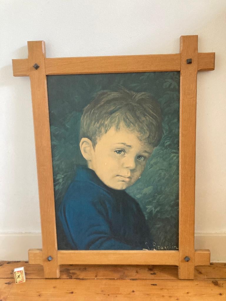 XL groot origineel Bragolin betraand jongetje kitsch vintage, Ophalen of Verzenden, Zo goed als nieuw, Schilderij, 75 cm of meer