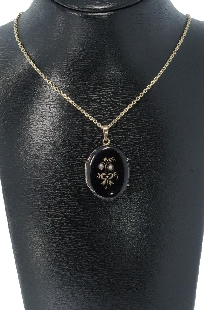 Foto medaillon antiek 14k goud hanger emaille ketting dames, Sieraden, Tassen en Uiterlijk, Antieke sieraden, Verzenden, Goud