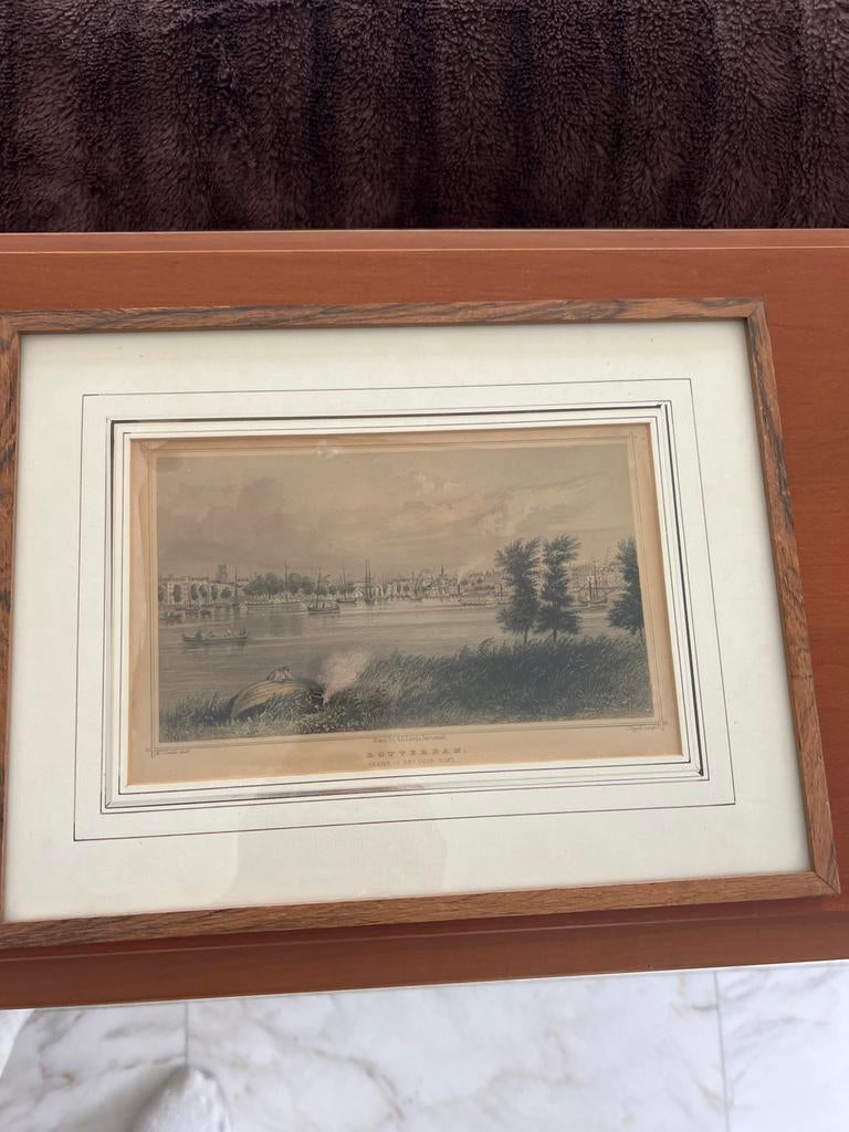 Oude Prent Rotterdam Gezicht Oude-Hoofd, Antiek en Kunst, Kunst | Etsen en Gravures, Ophalen