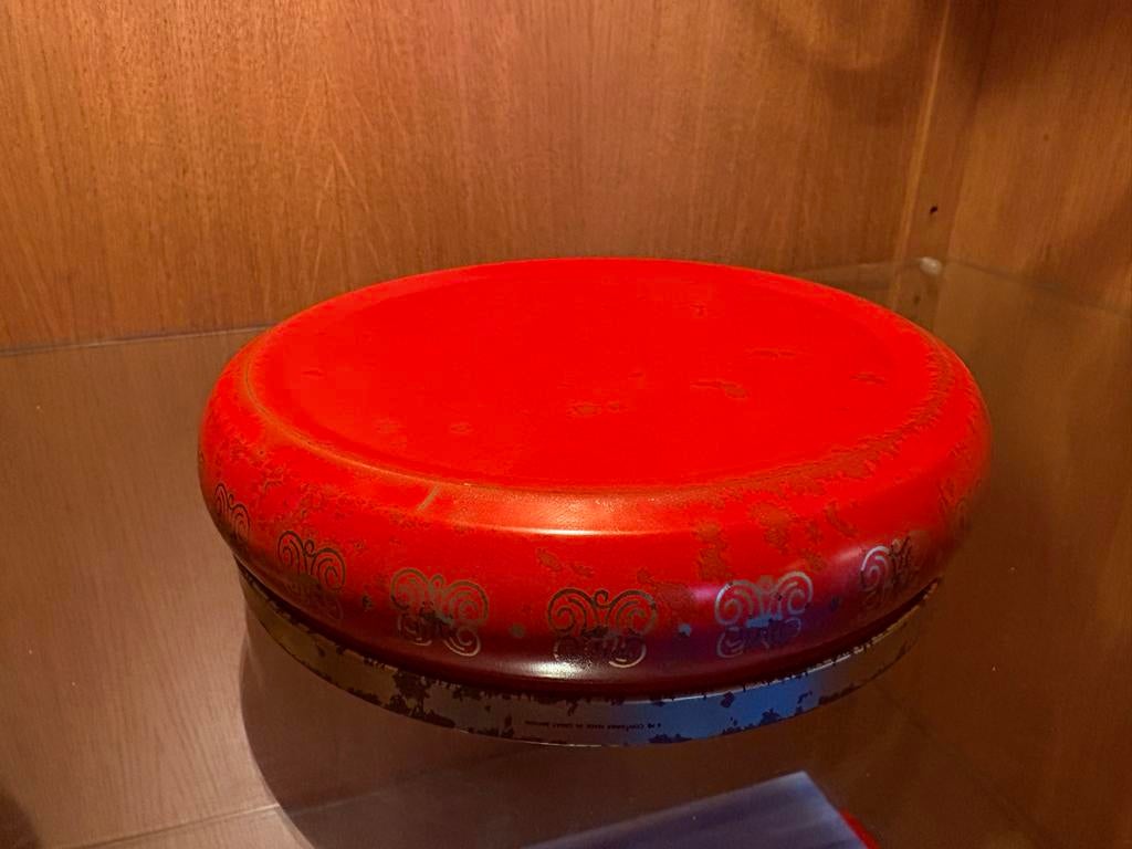 Vintage Blik Beschilderde Koektrommel met Paard, Ophalen of Verzenden, Gebruikt