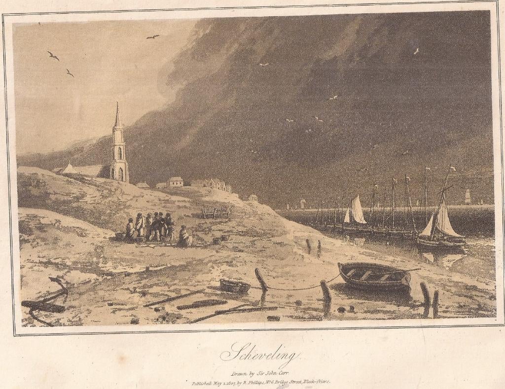 Scheveningen Scheveling Litho John Carr 1807, Antiek en Kunst, Kunst | Etsen en Gravures, Ophalen of Verzenden