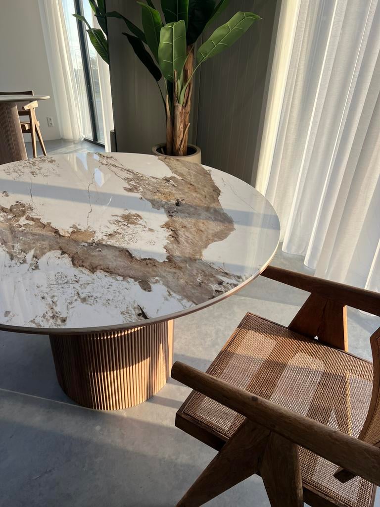 Eettafel Japandi Stijl Rond Wit/Bruin, Japandi, Rond, Nieuw, Ophalen of Verzenden