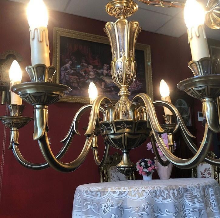 Groot kroonluchter / hanglamp antiek brons 7 arms kandelaars, Antiek en Kunst, Antiek | Lampen, Ophalen of Verzenden