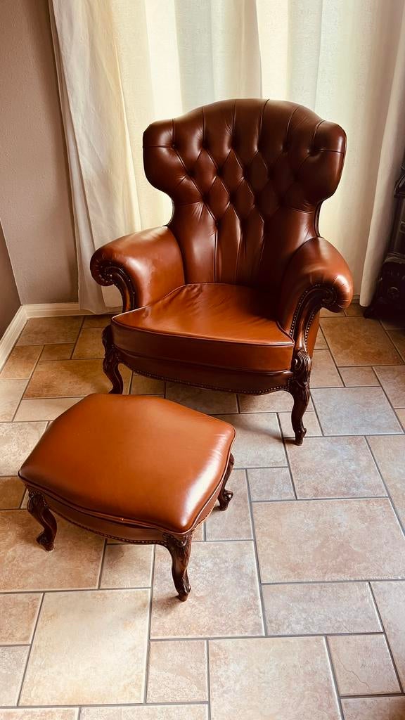 Chesterfield fauteuil, Huis en Inrichting, Ophalen, Bruin, Leer, Zo goed als nieuw