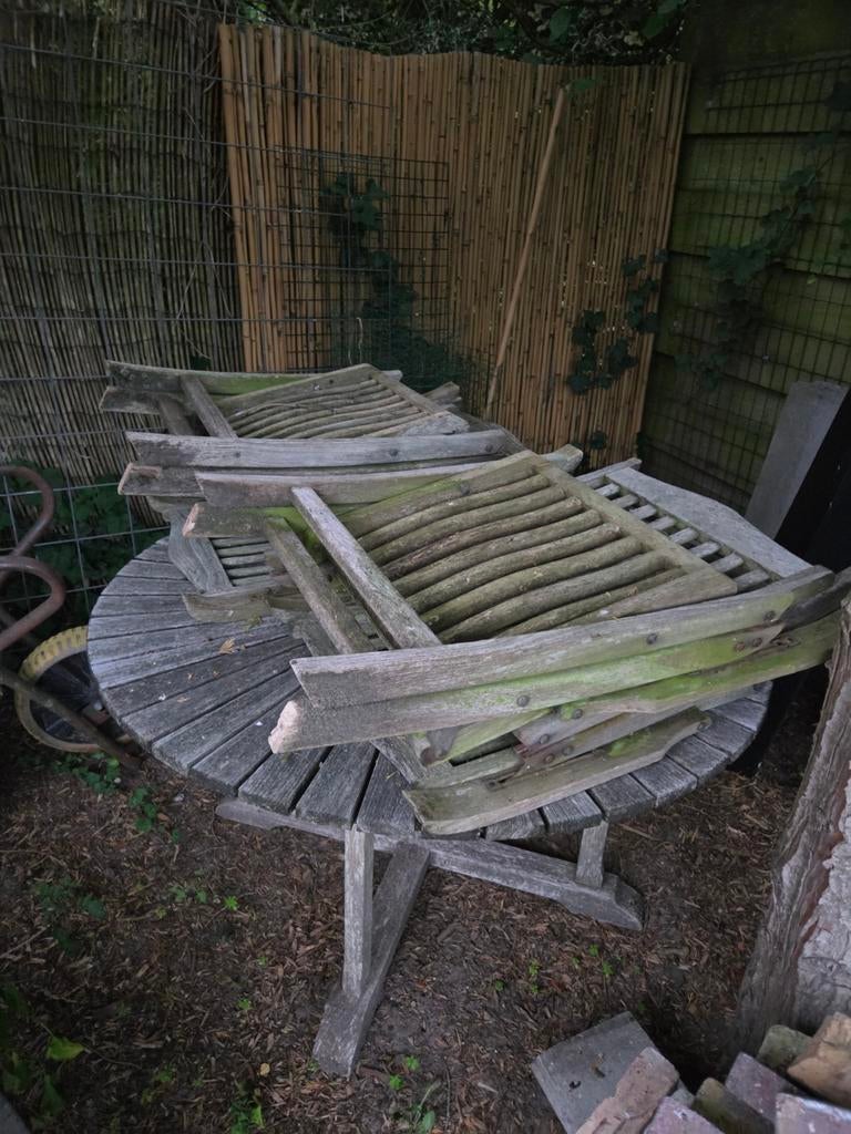Hardhouten tuinset ronde tafel + 5 stoelen, Tuin en Terras, Ophalen, Gebruikt, Hout