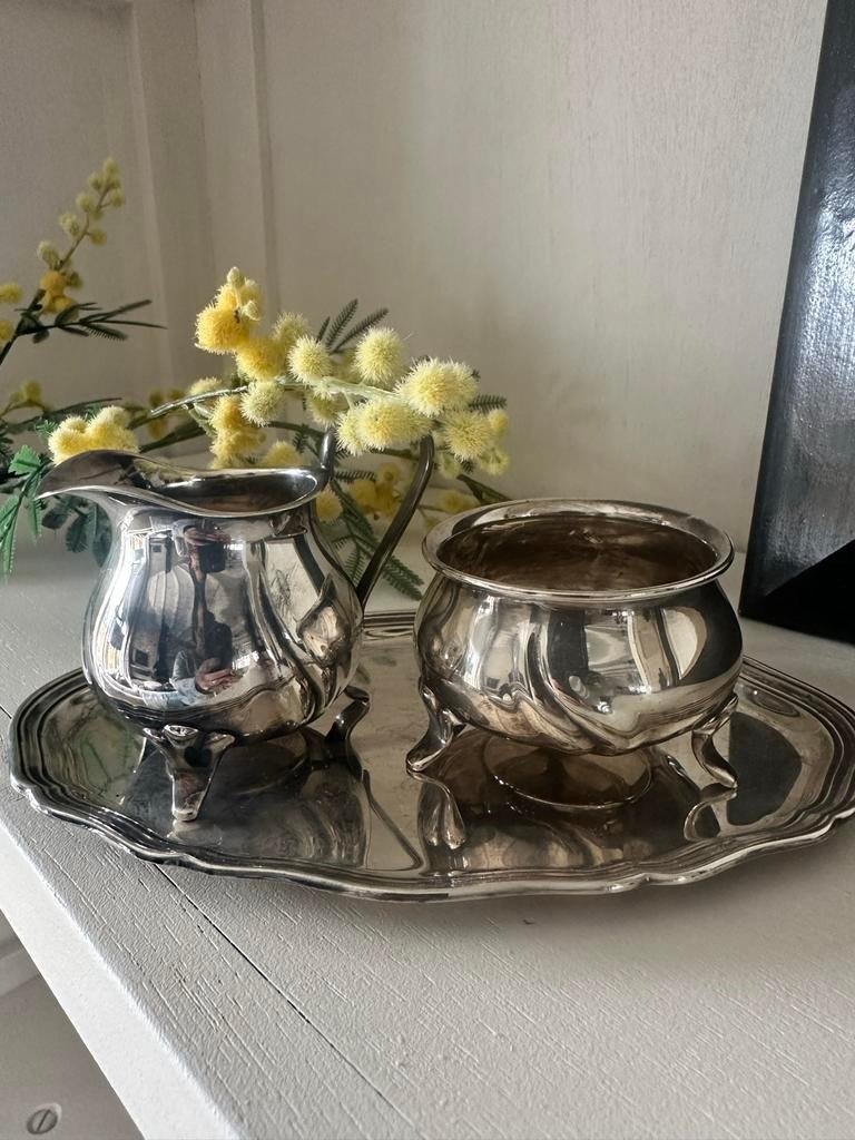 Verzilverd roomstel met dienblad, Antiek en Kunst, Antiek | Goud en Zilver, Ophalen, Zilver