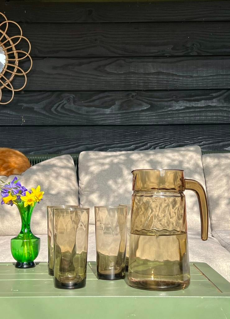 Vintage set waterkan en drinkglazen Luminarc, Ophalen of Verzenden, Gebruikt, Waterglas