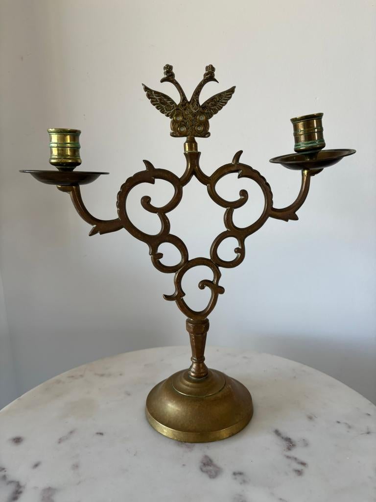 Vintage messing kandelaar met vogels, Ophalen of Verzenden, Koper of Brons