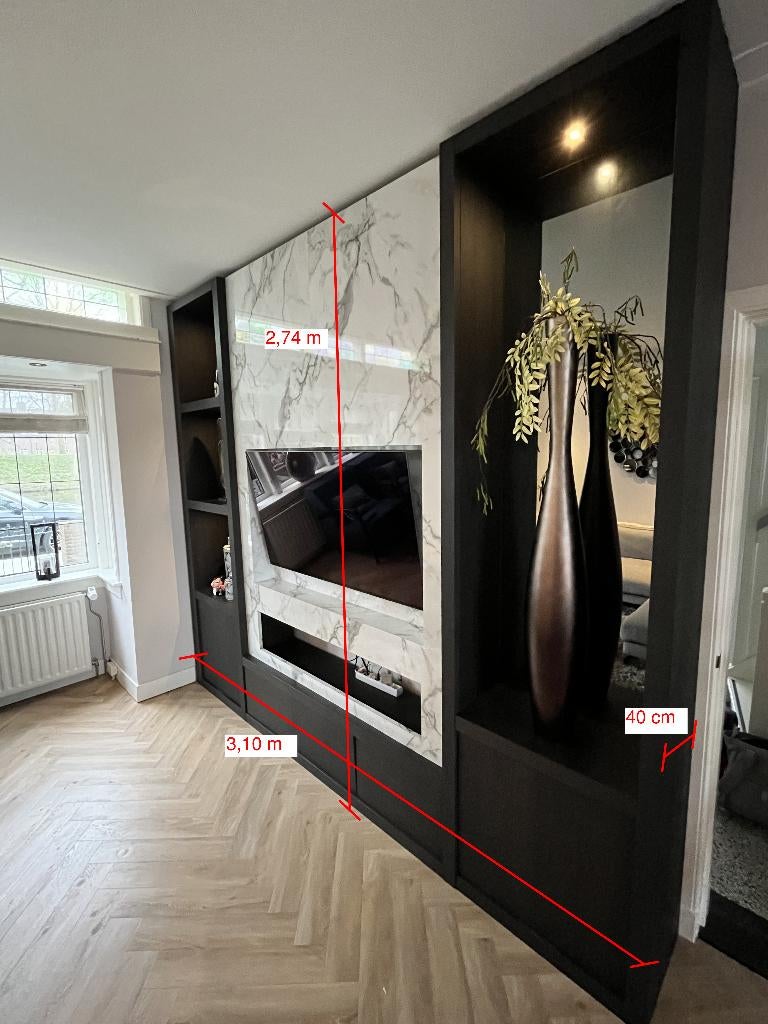 Luxe maatwerk cinewall / wandkast – marmerlook – 3,10m breed, Huis en Inrichting, Kasten | Televisiemeubels, Gebruikt, 200 cm of meer