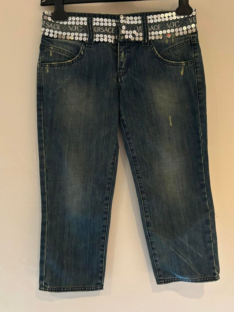 Versace jeans broek met paiettten rand maat 26, Blauw, ., Ophalen of Verzenden, Zo goed als nieuw