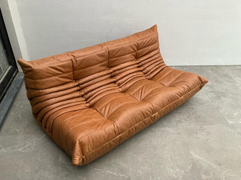 Vintage Cognac lederen 3zit Nog als nieuw!, Ophalen of Verzenden, Cassina sede b&b italia togo mah jong ligne roset knoll vitra
