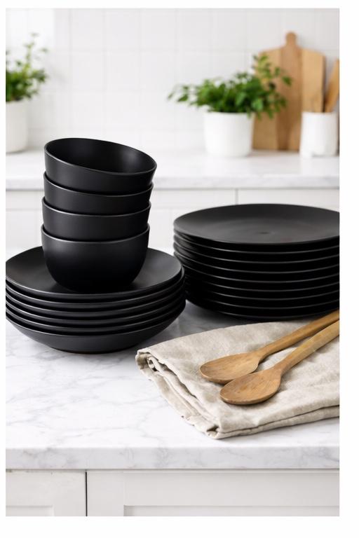 H&M Home serviesset borden zwart, Huis en Inrichting, Keuken | Servies, Zo goed als nieuw, Compleet servies, Overige stijlen, Porselein