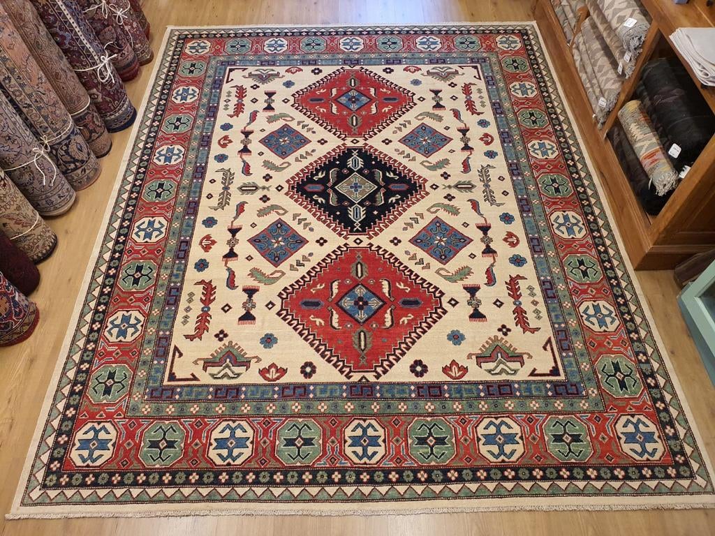 Handgeknoopt oosters tapijt kazak 302x246, Info@SlatsAntiek.nl, Crème, Perzisch, Vof Slats Antiek