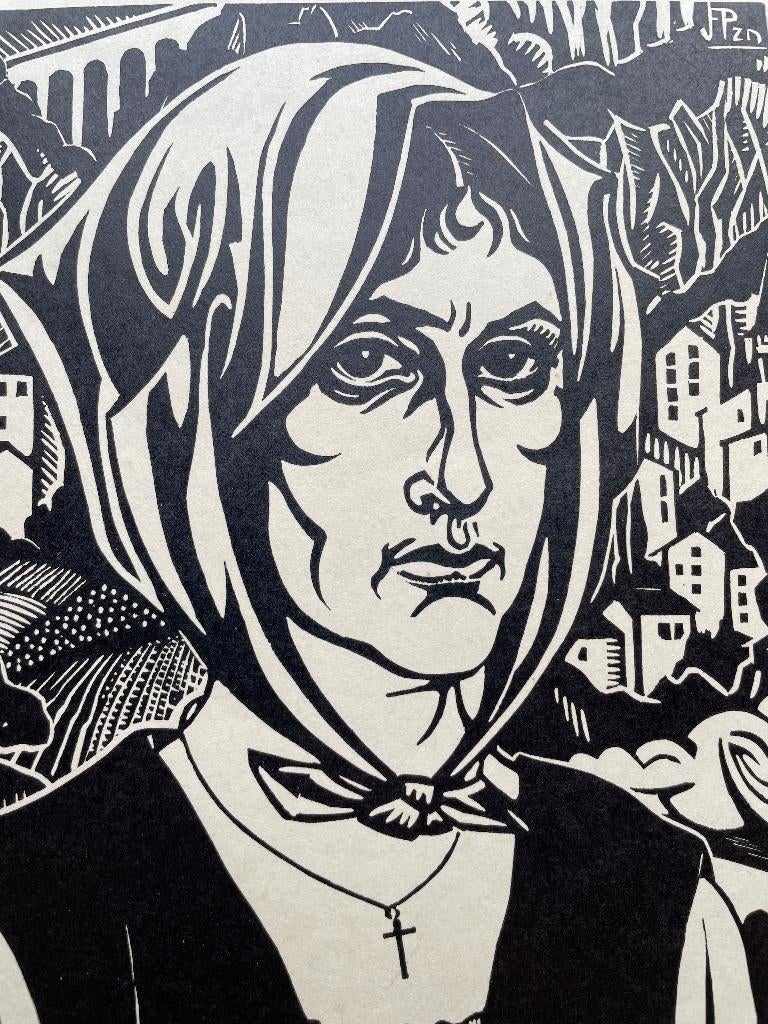 Houtsnede van J. Franken Pzn. Vrouw, Antiek en Kunst, Kunst | Etsen en Gravures, Ophalen of Verzenden