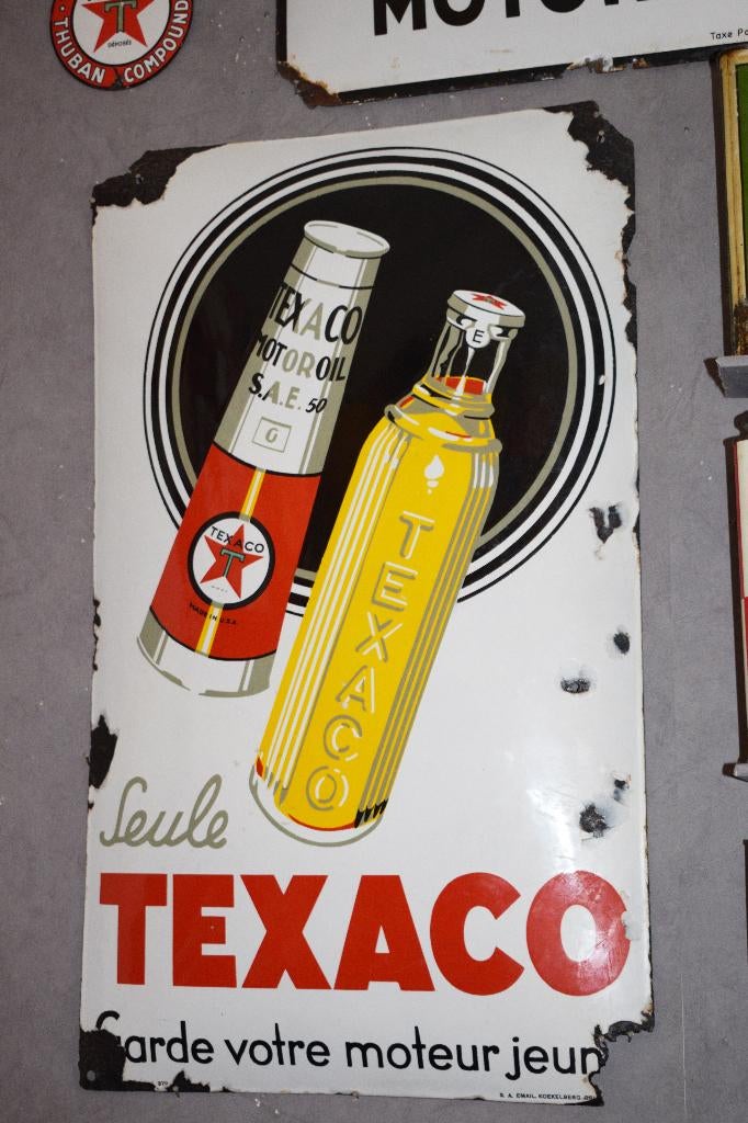 Zeldzame emaillebord Texaco uit 1930 conische olie blik, Verzamelen, Ophalen of Verzenden, Gebruikt, Reclamebord