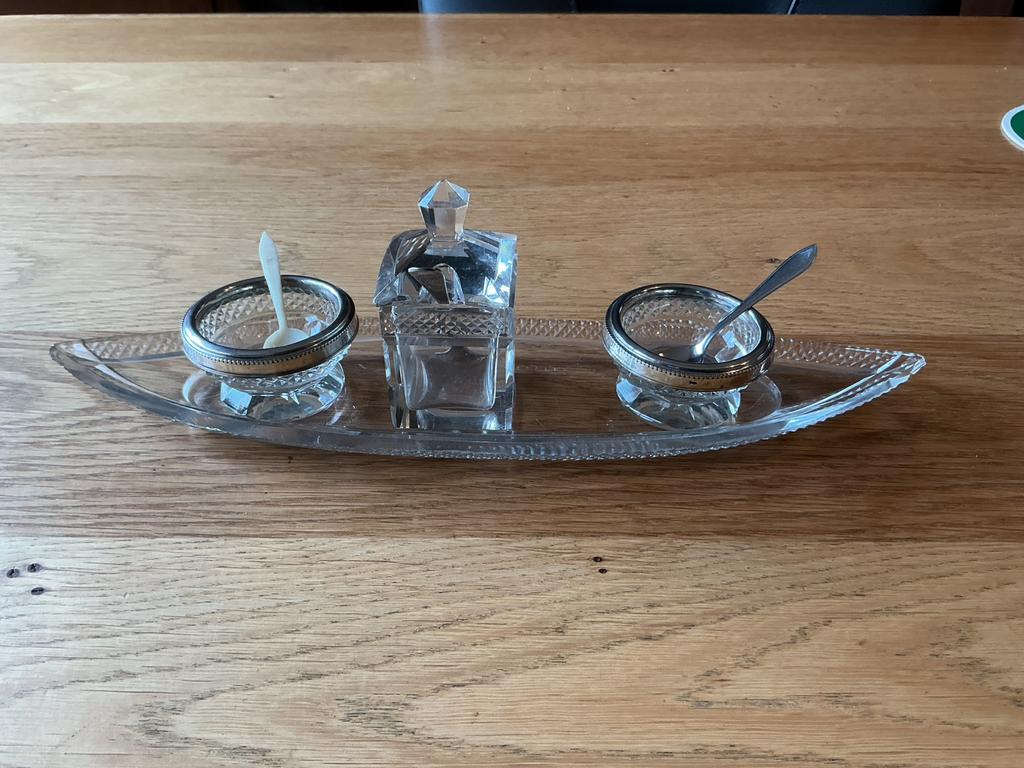 Peper, zout en mosterd kristal met zilver antiek, Ophalen of Verzenden, Zilver