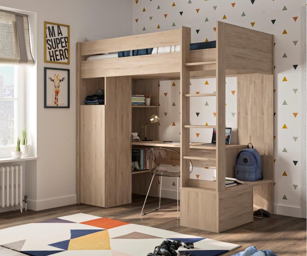 Ethan hoogslaper met bureau en kast - 90x200 - Eiken