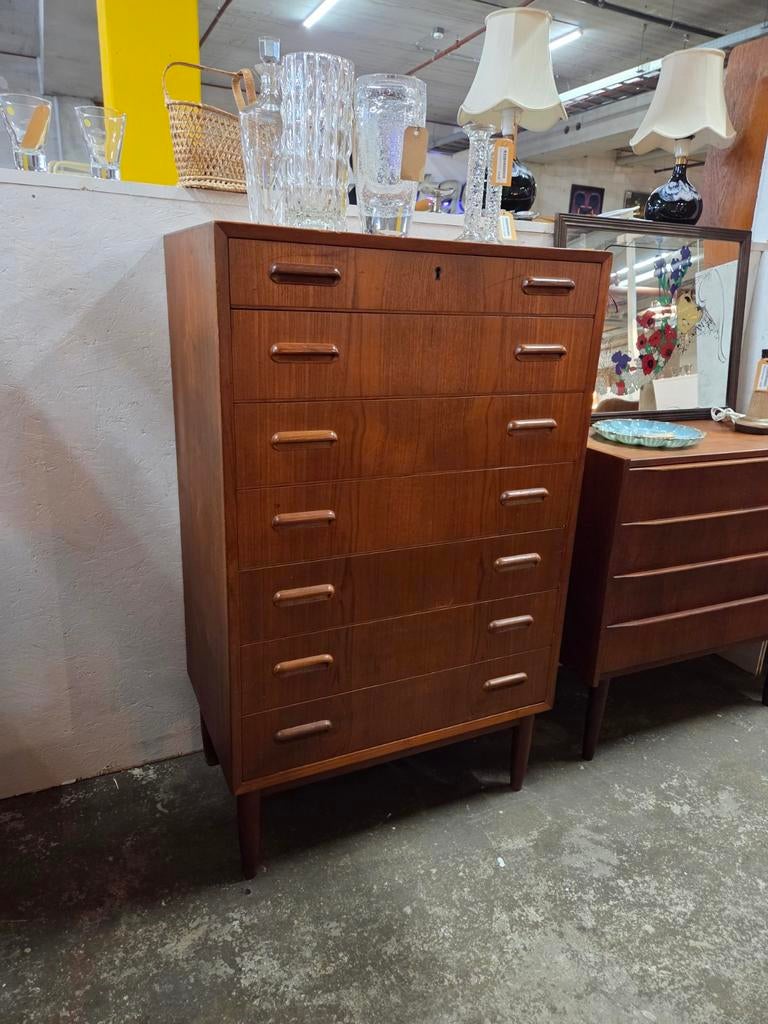 Vintage Deense ladenkast teak met 7 lades, Ophalen, 5 laden of meer, 100 tot 150 cm, 50 tot 100 cm