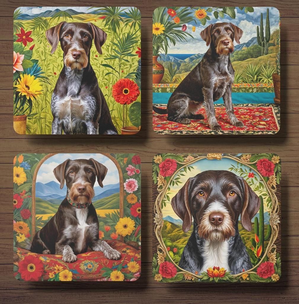 Duitse Staande Draadhaar Frida Kahlo onderzetters met houder, Ophalen of Verzenden, Nieuw, Glas of Kopje