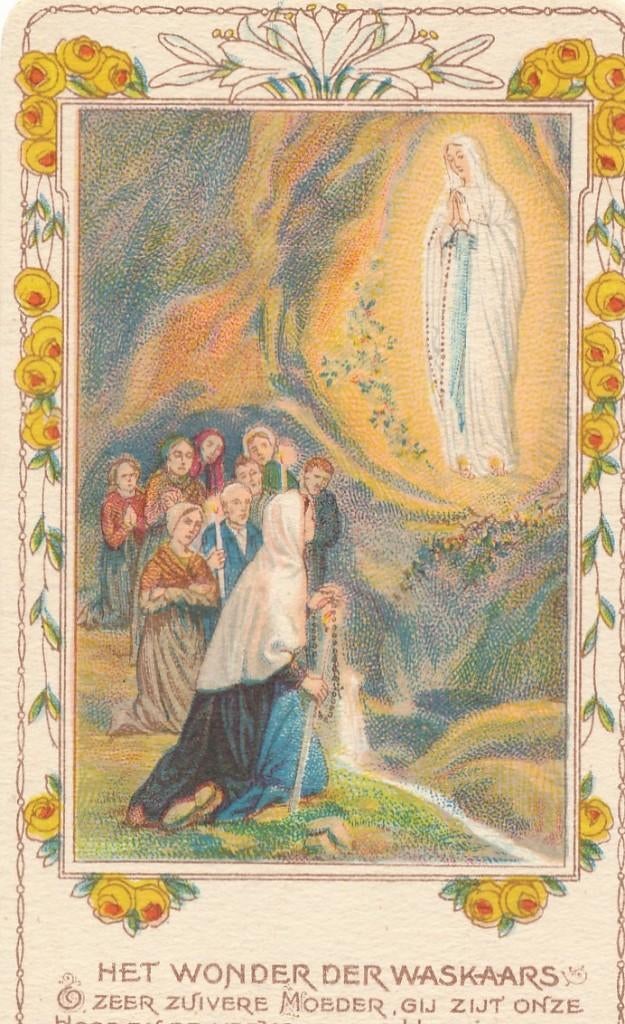 Oud devotieprentje Lourdes - Het Wonder Der Waskaars, Ophalen of Verzenden, Zo goed als nieuw, Kaart of Prent, Christendom | Katholiek