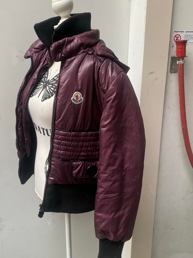 Moncler winterjas dames L paars bruin met capuchon, Ophalen of Verzenden, Zo goed als nieuw, Maat 42/44 (L), Paars